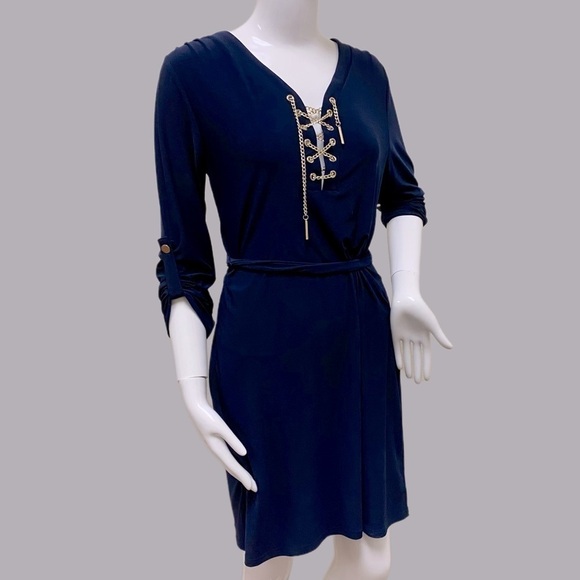 Spense 3/4 sleeve blue gold chain up the front dress - Picture 1 of 11